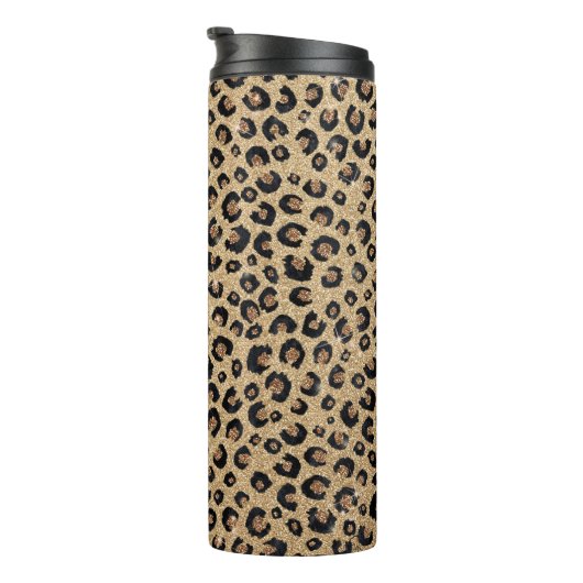 Eleganter Gold Glitzer Black Leopard Print Thermosbecher (Nach rechts gedreht)