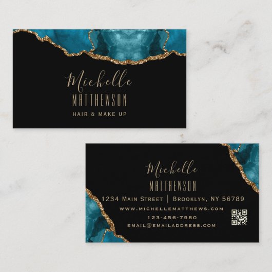 Eleganter Gold Glitzer Blue Agate Marble QR Code Visitenkarte (Vorne/Hinten)