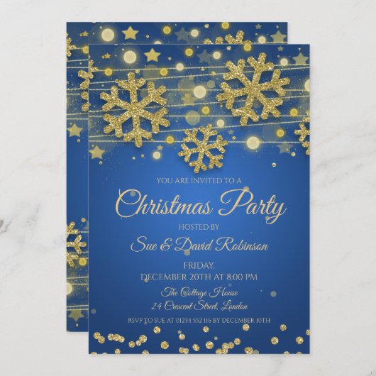 Eleganter Gold Glitzer Blue Christmas Holiday Part Einladung (Vorne/Hinten)