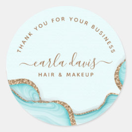 Eleganter Gold Glitzer Blue Marble Agate Moderner  Runder Aufkleber