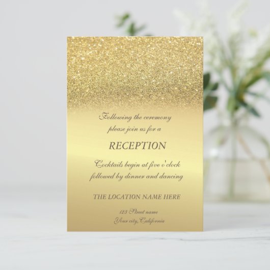 Eleganter Gold Glitzer Bokeh Hochzeitsempfang Einladung (Stehend Vorderseite)