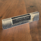 Eleganter Gold Glitzer Bokeh Schwarzer Marmor, Rah Namensplakette (Seite)