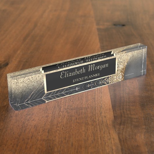 Eleganter Gold Glitzer Bokeh Schwarzer Marmor, Rah Namensplakette (Seite)