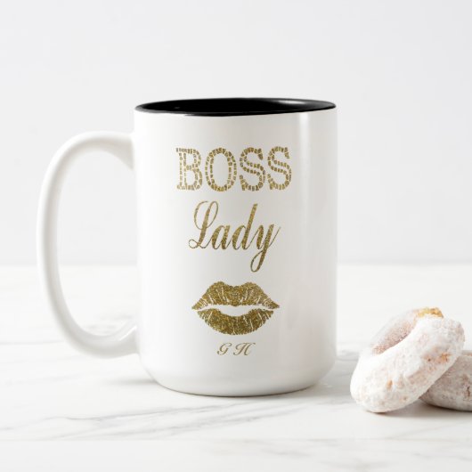 Eleganter Gold Glitzer BOSS Lady Typografy Monogra Zweifarbige Tasse (Mit Donut)