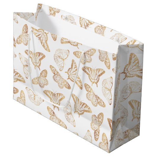 Eleganter Gold Glitzer Butterfly Große Geschenktüte (Vorderseite Schrägansicht)