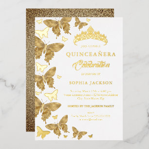 Eleganter Gold Glitzer Butterfly Quinceanera Folieneinladung
