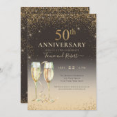 Eleganter Gold Glitzer Champagne 50 Jahre Jubiläum Einladung (Vorne/Hinten)