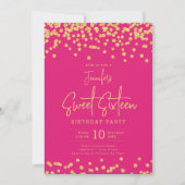 Eleganter Gold Glitzer Confetti Sweet 16 Hot Pink Einladung (Vorderseite)
