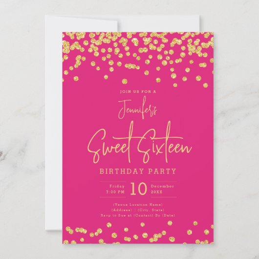 Eleganter Gold Glitzer Confetti Sweet 16 Hot Pink Einladung (Vorderseite)