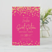 Eleganter Gold Glitzer Confetti Sweet 16 Hot Pink Einladung (Stehend Vorderseite)