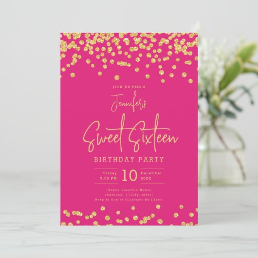 Eleganter Gold Glitzer Confetti Sweet 16 Hot Pink Einladung (Stehend Vorderseite)