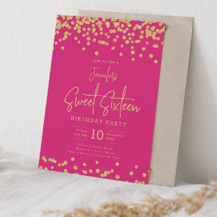 Eleganter Gold Glitzer Confetti Sweet 16 Hot Pink Einladung