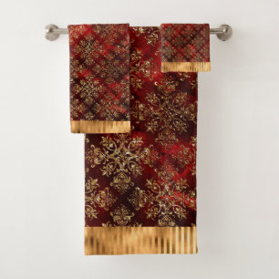 Eleganter Gold Glitzer Damask Burgundy Red Modern Badhandtuch Set