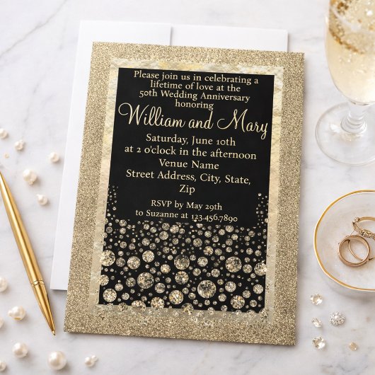 Eleganter Gold Glitzer Diamond 50 Jahre Einladung