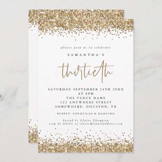 Eleganter Gold Glitzer Dreißigstes Party Einladung (Vorne/Hinten)