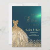 Eleganter Gold Glitzer Dress Green Save the Date (Vorderseite)