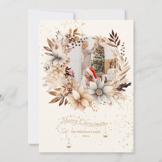 Eleganter Gold Glitzer Floral 3 Foto Weihnachten (Vorderseite)