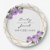 Eleganter Gold Glitzer Geo Lila Blumenhochzeit Pappteller (Vorderseite)
