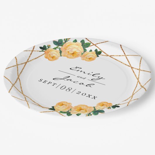 Eleganter Gold Glitzer Geo Orange Blumenzwiebeln Pappteller (Schrägansicht)