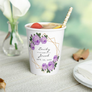 Eleganter Gold Glitzer Geometric Lila Floral Wed Pappbecher