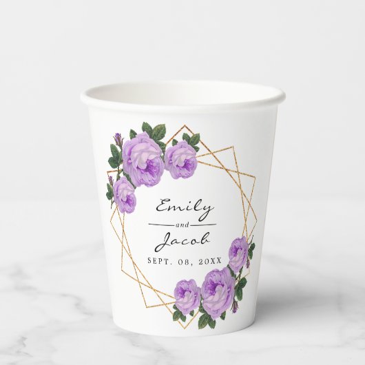 Eleganter Gold Glitzer Geometric Lila Floral Wed Pappbecher (Rückseite)