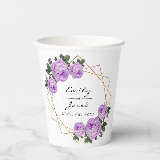 Eleganter Gold Glitzer Geometric Lila Floral Wed Pappbecher (Vorderseite)