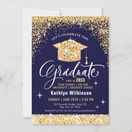 Eleganter Gold Glitzer Grad Cap auf Blue Abschluss Einladung (Vorderseite)