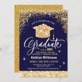 Eleganter Gold Glitzer Grad Cap auf Blue Abschluss Einladung (Vorne/Hinten)