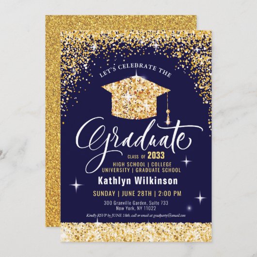 Eleganter Gold Glitzer Grad Cap auf Blue Abschluss Einladung (Vorne/Hinten)