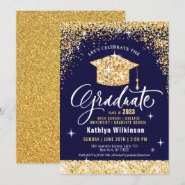 Eleganter Gold Glitzer Grad Cap auf Blue Abschluss Einladung