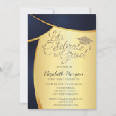 Eleganter Gold Glitzer Grad Cap, Blue Gold Abschlu Einladung (Vorderseite)