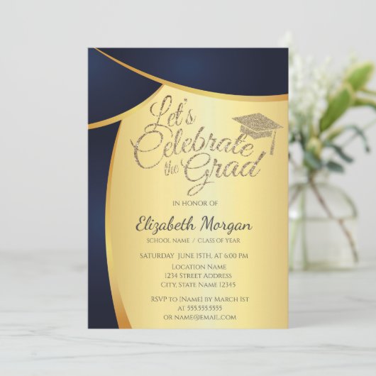 Eleganter Gold Glitzer Grad Cap, Blue Gold Abschlu Einladung (Stehend Vorderseite)