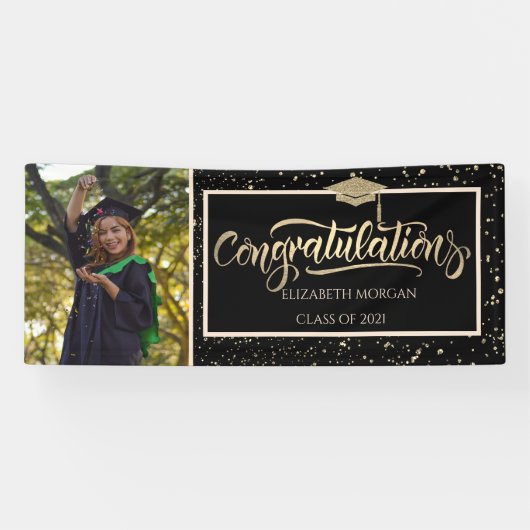 Eleganter Gold Glitzer Grad Cap, Foto Abschluss Banner (Horizontal)