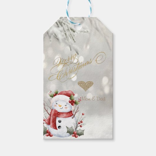Eleganter Gold Glitzer Heart Snowman Geschenkanhänger (Vorderseite)