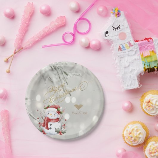 Eleganter Gold Glitzer Heart Snowman Pappteller (Party)