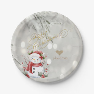 Eleganter Gold Glitzer Heart Snowman Pappteller