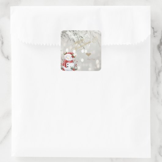 Eleganter Gold Glitzer Heart Snowman Quadratischer Aufkleber (Tasche)