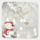 Eleganter Gold Glitzer Heart Snowman Quadratischer Aufkleber (Vorderseite)