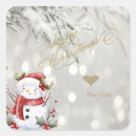 Eleganter Gold Glitzer Heart Snowman Quadratischer Aufkleber (Vorderseite)