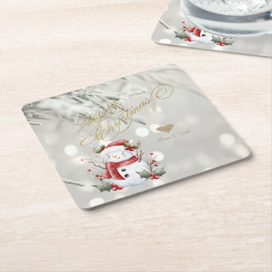 Eleganter Gold Glitzer Heart Snowman Rechteckiger Pappuntersetzer (angewinkelt)