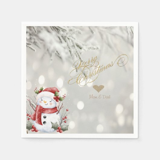 Eleganter Gold Glitzer Heart Snowman Serviette (Vorderseite)