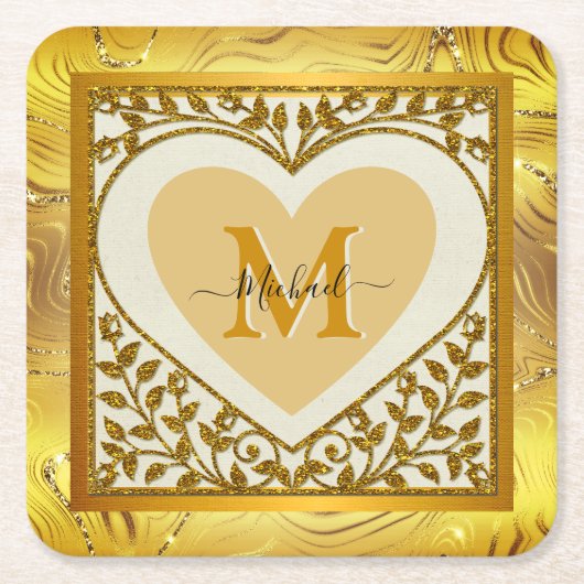 Eleganter Gold Glitzer Herzens Initial & Name Rechteckiger Pappuntersetzer (Vorderseite)