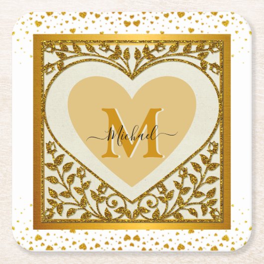 Eleganter Gold Glitzer Herzens Initial & Name Rechteckiger Pappuntersetzer (Vorderseite)