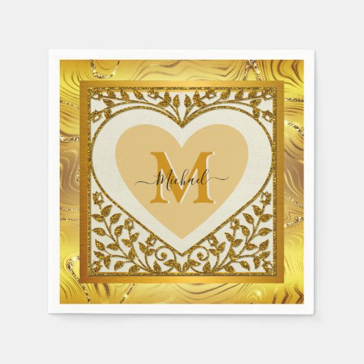 Eleganter Gold Glitzer Herzens Initial & Name Serviette (Vorderseite)