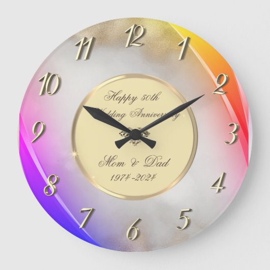 Eleganter Gold Glitzer Lila 50 Hochzeitstag Große Wanduhr (Vorderseite)