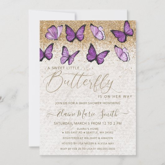 Eleganter Gold Glitzer Lila Butterfly Babydusche Einladung (Vorderseite)