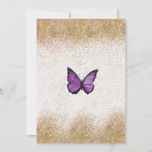 Eleganter Gold Glitzer Lila Butterfly Babydusche Einladung (Rückseite)