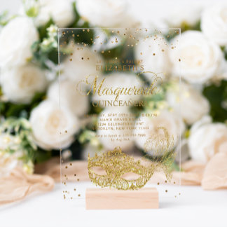 Eleganter Gold Glitzer Masquerade Quinceañera Acryleinladungen