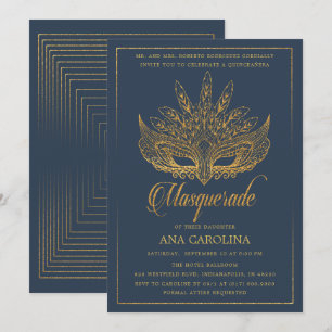 Eleganter Gold Glitzer Masquerade Quinceañera Einladung