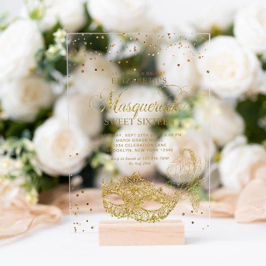Eleganter Gold Glitzer Masquerade Sweet 16 Acryleinladungen